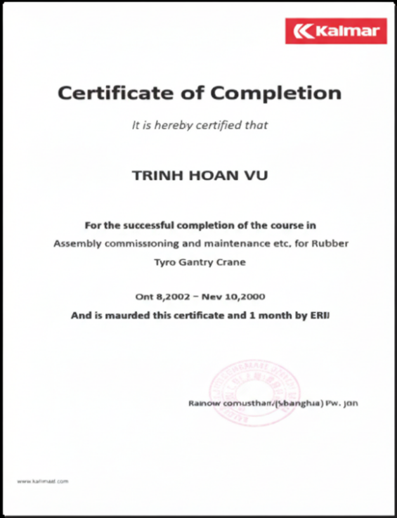 Chứng chỉ Lắp ráp, Vận hành và Bảo trì Cẩu bánh lốp (RTG)